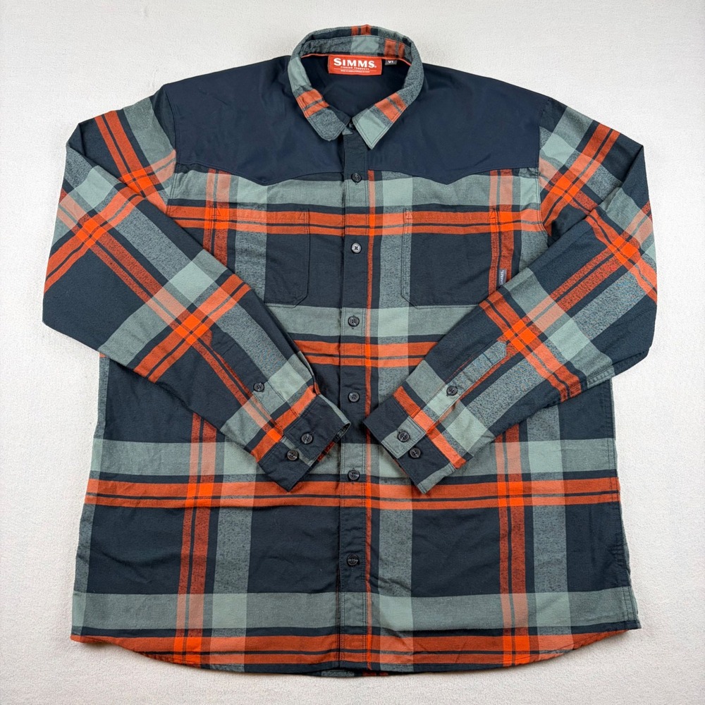 Simms Black's Ford Flannel Mens XL Western Yoke Plaid Shirt Orange Gray